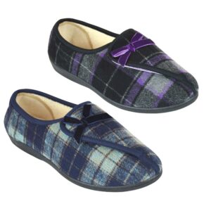 Ladies Slippers - Brushed Velour CHECKED Easy Opening 38